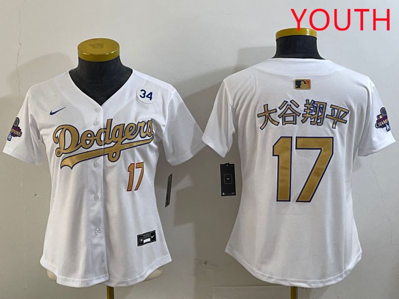 Youth Los Angeles Dodgers 17 Ohtani White Champion gold character 2025 Nike MLB Jersey style 9